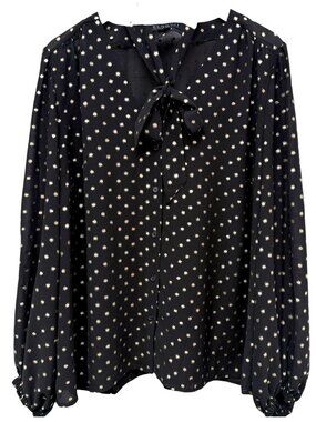 Eloquii Blouse Size 16 Black Gold Polka Dot Removable Bow Sash Evening Top